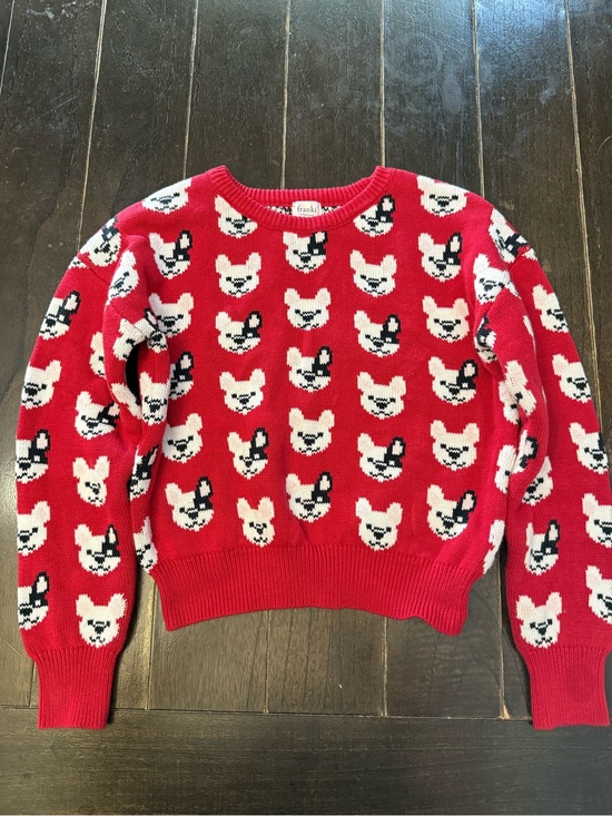 Frankie’s Sweaters - Frankie Red Knit Sweater with French Bulldog Motif.
